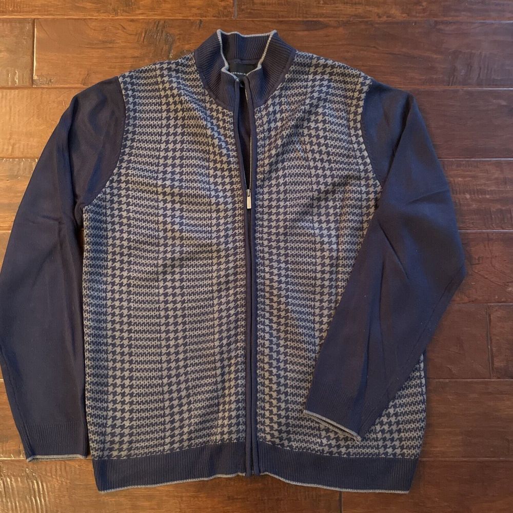 Geoffrey Beene Full Zip Cardigan Sweater Houndstooth‎ Blue Gray Size Large EUC